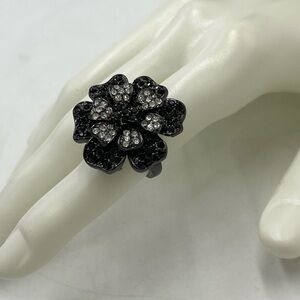 Rare Joan Rivers Gunmetal Finish Belle Fleur Black & Clear Crystal Ring 6‎ New